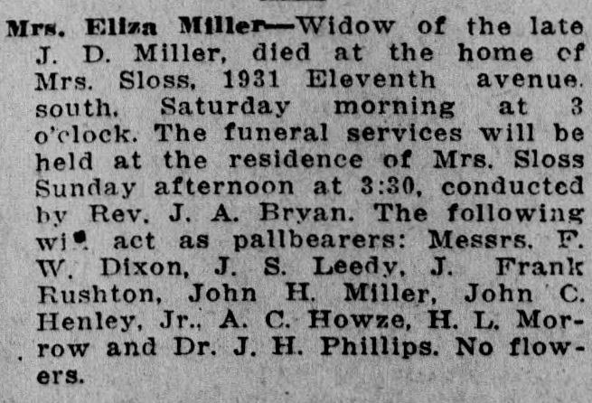 Eliza Miller obituary